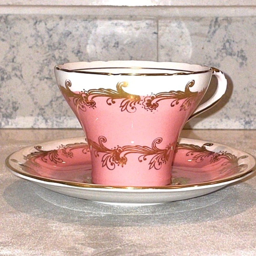 Aynsley Bone China Rare Corset Shape Dusty Rose Vintage Cup & Saucer Like New